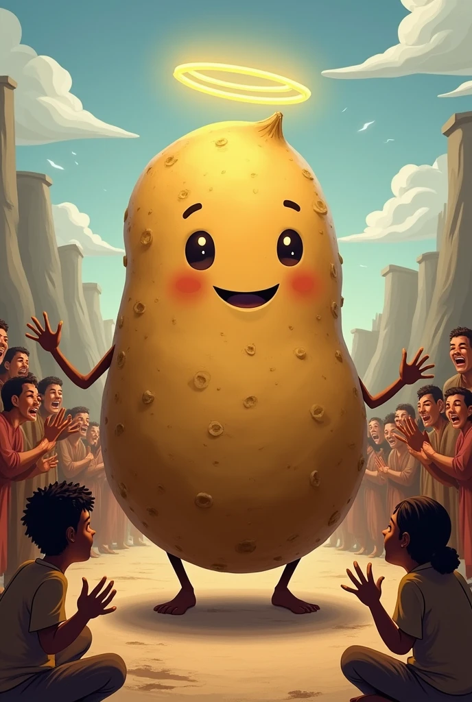 a potato with a face standing in-front of starving people saving them happy