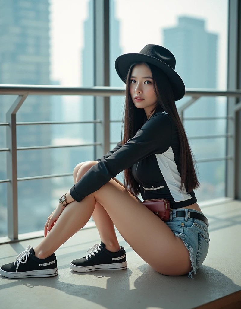 (full body shot:1) sittimg down,photorealistic image of a woman, ultrarealistic, photography, straight long black hair, asian woman, beautiful cute sexy asian 20 years old woman, hourglass figure, perfect body, Flirty look, natural big breasts, long eyelashes, cat eye make-up, double eyelids, sexy pose, erotic pose, seductive pose, big breasts,  big tits , she wears a black and white top, shorts, hat, fannypack , sneakers,  skyscrapers , big view