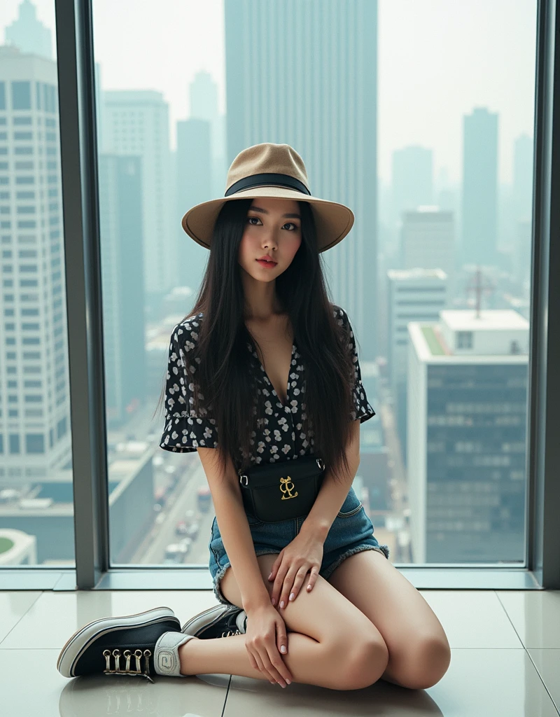 (full body shot:1) sittimg down,photorealistic image of a woman, ultrarealistic, photography, straight long black hair, asian woman, beautiful cute sexy asian 20 years old woman, hourglass figure, perfect body, Flirty look, natural big breasts, long eyelashes, cat eye make-up, double eyelids, sexy pose, erotic pose, seductive pose, big breasts, big tits , she wears a black and white top, shorts, hat, fannypack , sneakers, skyscrapers , big view