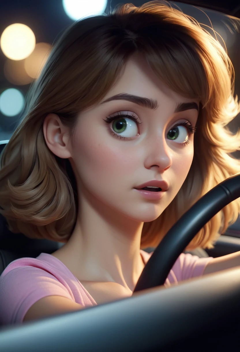 the fit and mature girl driving car at night. Close up. High quality Pixar hyper realistic image. 4k