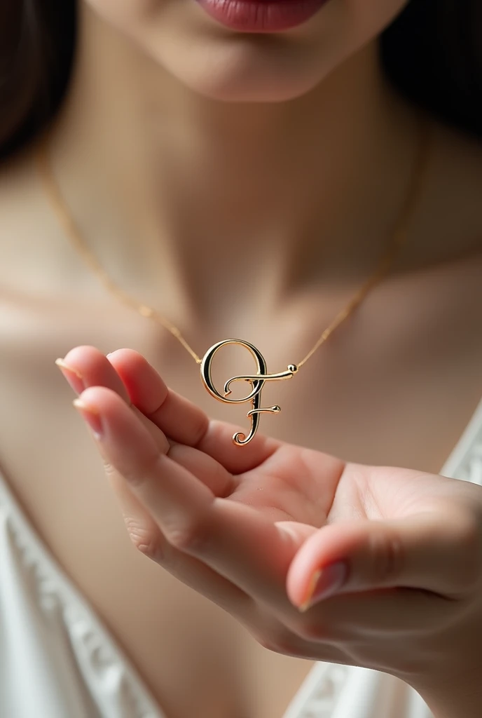 Write letter q and f on a necklace just necklace 
Necklace holding in girl hand and don’t show the face
Create best one