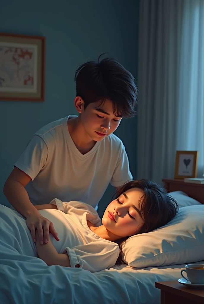 A supporting teenager/helping your teenage friend one girl is sleeping in bed and boy are standing near bed