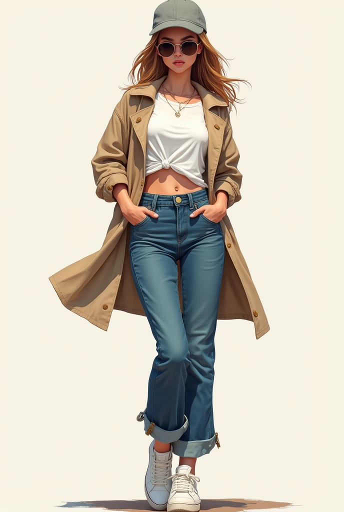 masterpiece, garabato lindo de la Best Quality, 1 girl, masterpiece,(Best Quality),Very detailed,ultra detailed,girl in casual style,loose white t-shirt,layered with a beige cropped jacket,Deep blue jeans,White shoes,Accessories: grey baseball cap and stylish sunglasses