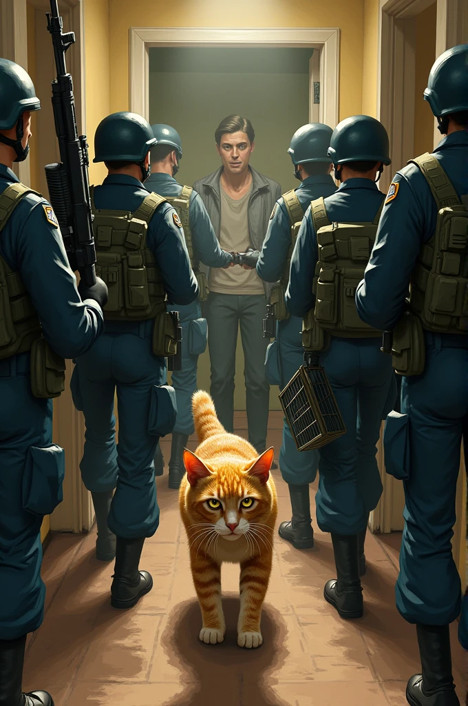 A group of soldiers in uniform storm into the house, looking serious and determined. They carry weapons and large cages. The mango cat looks frightened as it is forcibly taken away, trapped inside a cage. The human is in the background, appearing shocked and helpless.