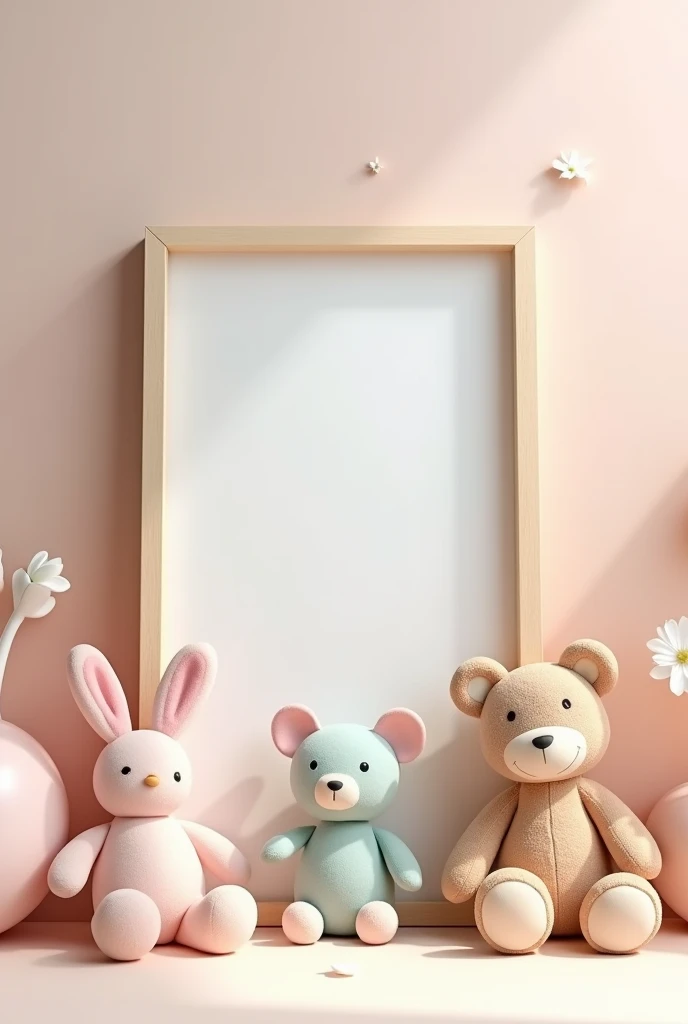 ??? room with minimalist modern toys(geraph, bear, bunny) in pastel colors and a blank frame