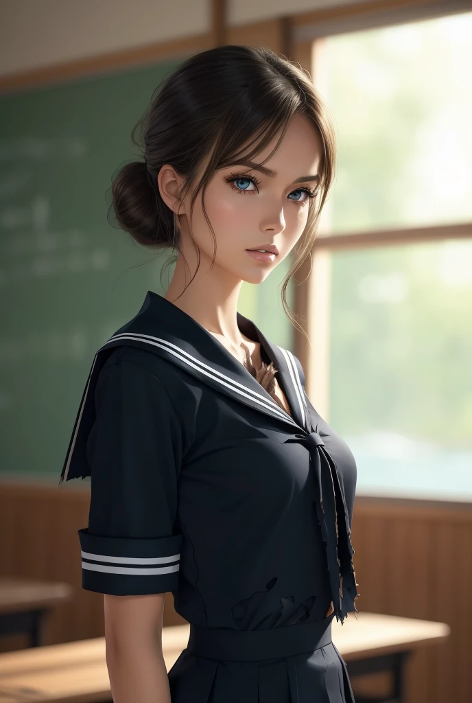Scoop Neck,,beautiful caucasian woman,(((open neck))),slender body,light blond hair, Attractive posing, Full body, perfect detailed face, frame the head, glamour,damage costume,beautiful caucasian woman,slender full body,perfect detailed face, frame the head,wear torn,(torn clothes:1.5),,,((a school girl in ripped Japanese sailor school uniform)),(night sea background:1.2),shiny skin