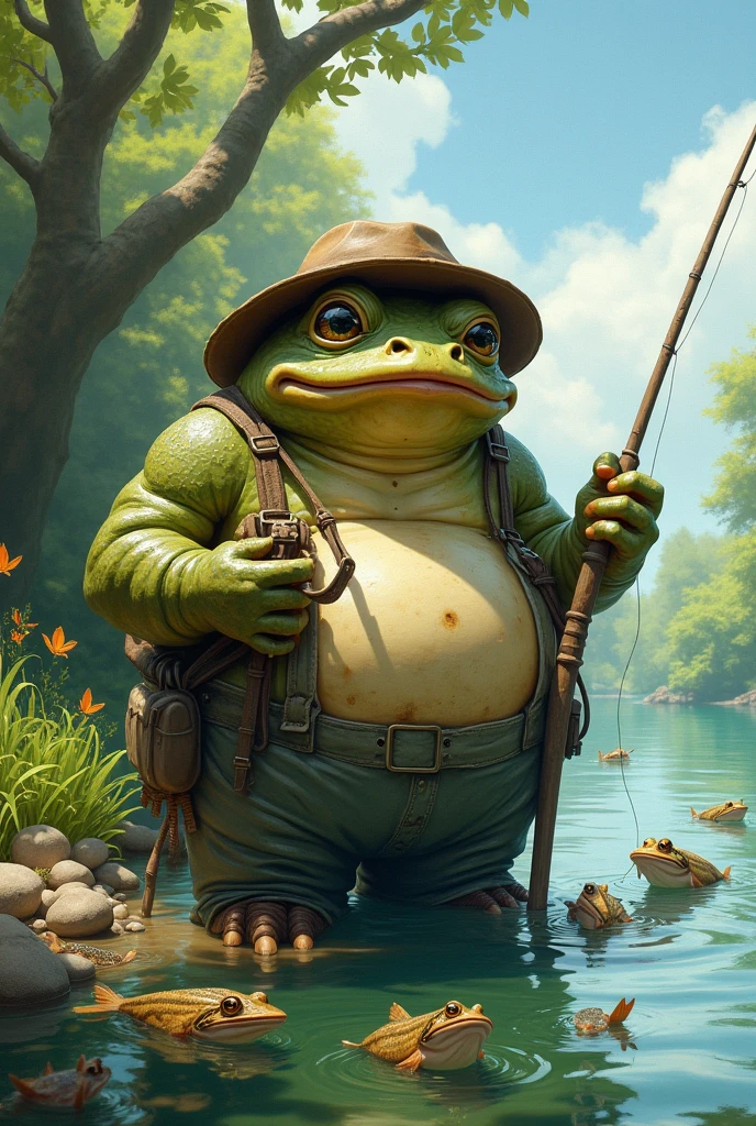 Fat human toad with many swimmers, fishing with fishing rod