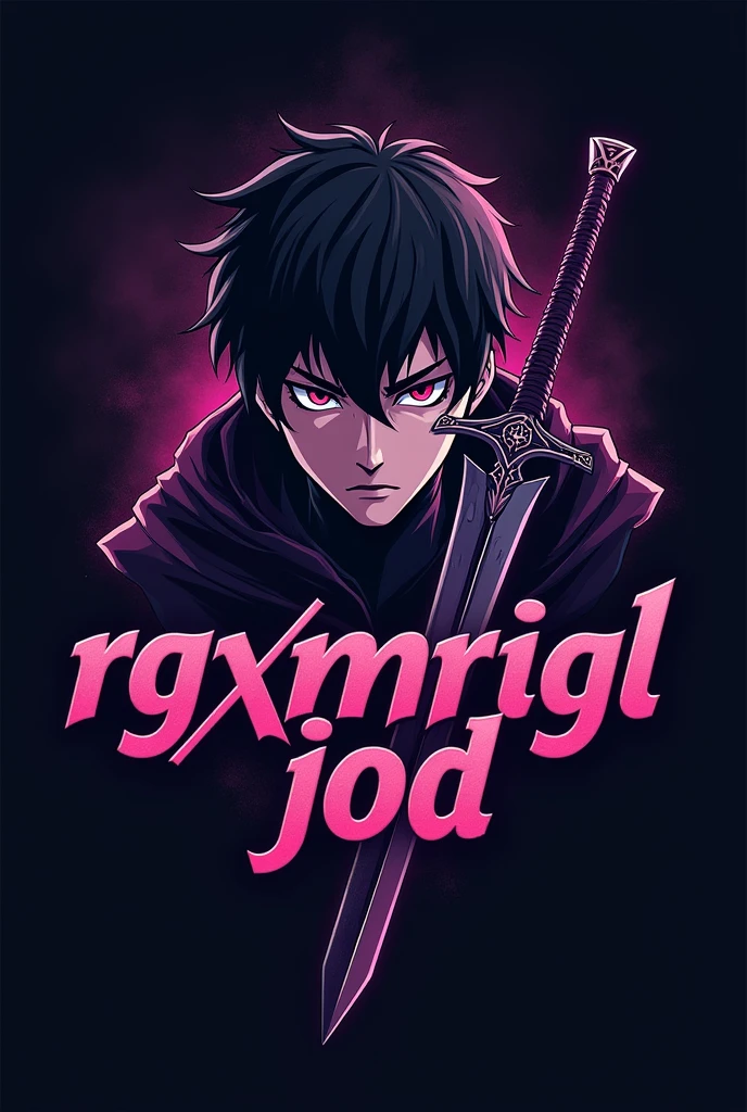 Sung jin woo gaming logo with smoky eyes and sword and written RGxMrIGL JOD color purple black background theme
