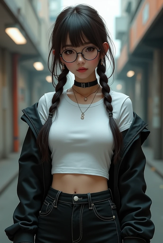 A girl, black fur, Glasses, cyberpunk, alone, high waistband, small bust, woman with braided brown hair, Sophisticated young woman, White T-shirt, black school shirt, sexy appearance