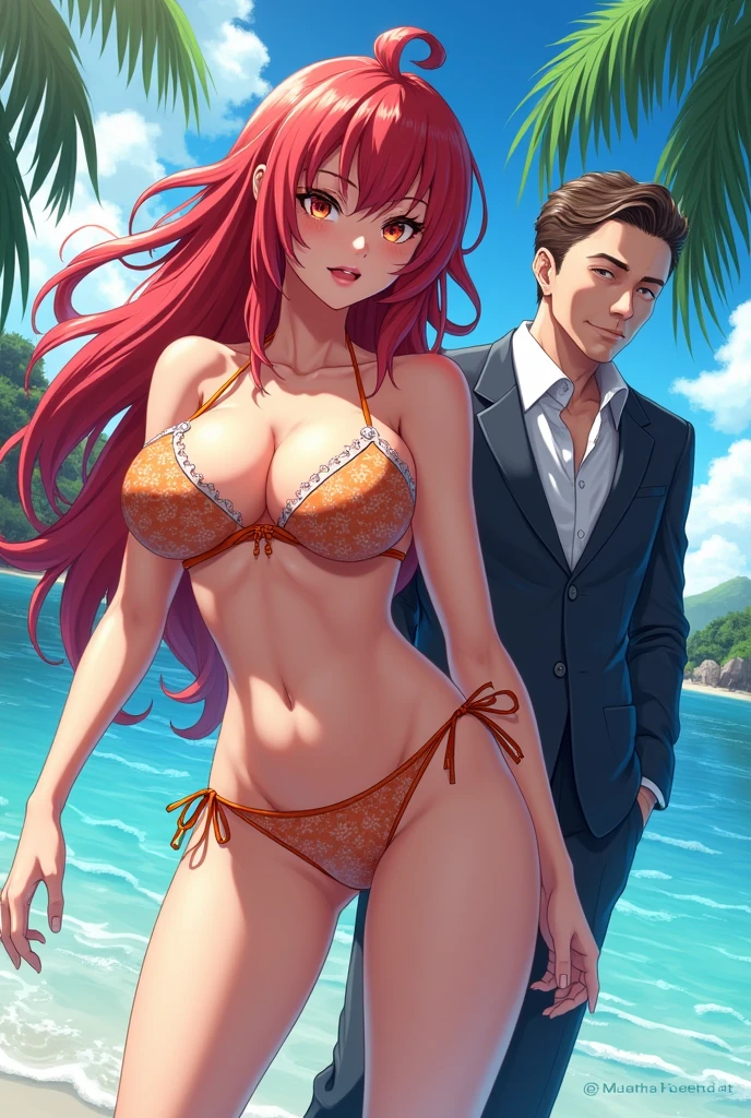 Japanese Girl(takashirohiroko, long red hair, intricate purple bikini, purple eyes, green earrings,), being on the beach, ((view from the back)), ((dynamic pose)),(being touched by men:1.5), 1girl,1man, 8k, highly detailed， illustration, ((Intricate Details)), (Beautiful and Delicate Eyes), (Illustration), (Silhouette) Absurd, ((Ultra-realistic Nose)),No Extra Hands, (Perfect Hands) , Mature Woman, （（masterpiece）））， （（best quality））， （（intricately details））， （（ultra-realistic realism））， Ridiculous res, A MILF， Mature woman, highly detailed， illustration， 1. Mature women， （（Large breasts:1.1）)，perfect hand， detailed finger， Beautiful detailed eyes, vd, , slim body, tanned skin, (woman wearing bikini, ), detailed background， perfect eyes， Seductive eye, Cocked buttocks, sexy, orgasmic, welcoming, inviting look, (man touching woman crotch), (man grabbing woman ), (man grabbing woman breast ), (man wearing beachwear) hentai breast grab(sex position)