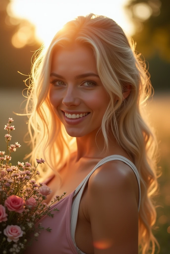 (from bottom:1.4), shot from the ground, 
a beautiful European blonde woman, age 23, nice hair. she's a playboy magazine model. She has a subtle smile and flirts with the camera, (She holds a bouquet of flowers in her hand, that her husband just gave her. She is very happy and in love with her husband:1.3), (in the evening light:1.2), perfect eyes, perfect hands, perfect body, perfect hair, perfect breast, Hair behind the ear, blurry foreground, uhd, retina, ​masterpiece, Exactly, anatomically correct, textured skin, Super Detail, High details, good quality, Award-winning, best quality, highres, 16K, 8k