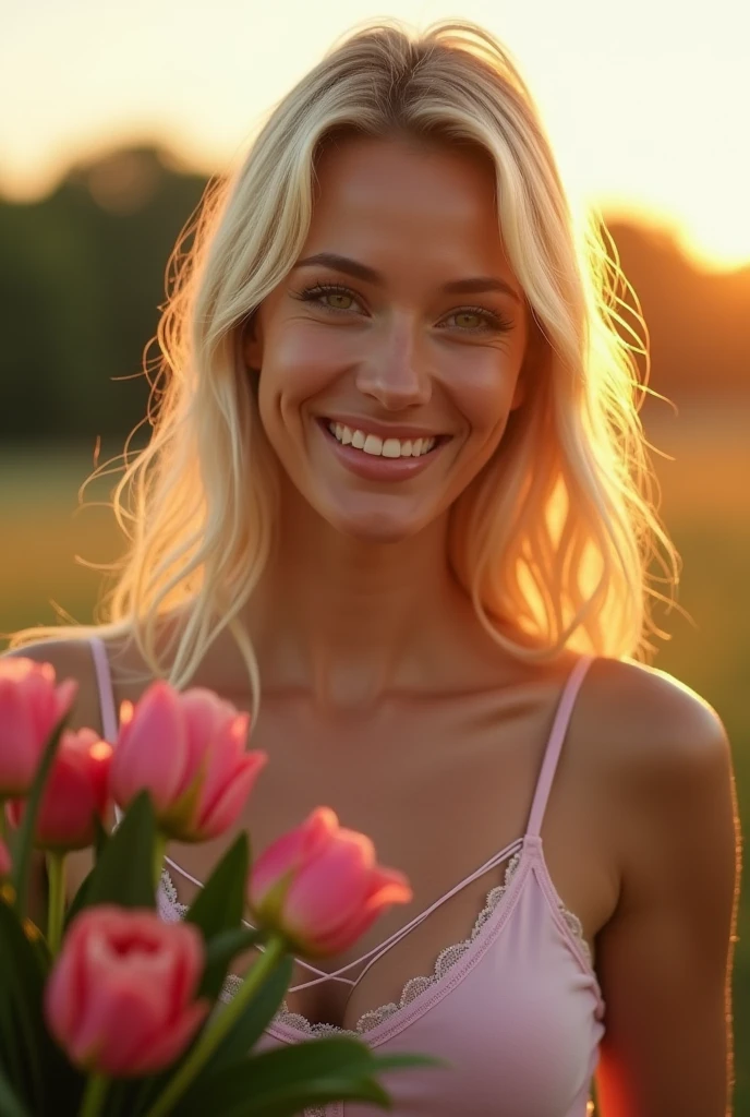 (from bottom:1.4), shot from the ground, 
a beautiful European blonde woman, age 23, nice hair. she's a playboy magazine model. She has a subtle smile and flirts with the camera, (She holds a bouquet of flowers in her hand, that her husband just gave her. She is very happy and in love with her husband:1.3), (in the evening light:1.2), perfect eyes, perfect hands, perfect body, perfect hair, perfect breast, Hair behind the ear, blurry foreground, uhd, retina, ​masterpiece, Exactly, anatomically correct, textured skin, Super Detail, High details, good quality, Award-winning, best quality, highres, 16K, 8k