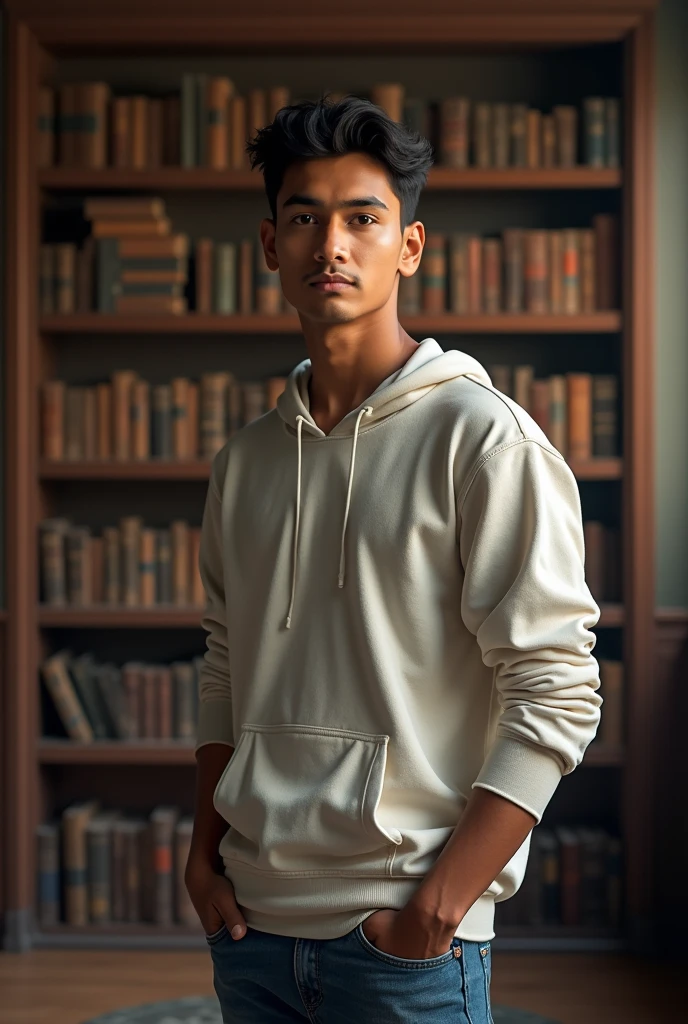 Indian boy handsome wearing normal dress posing for name Nadeem library in background