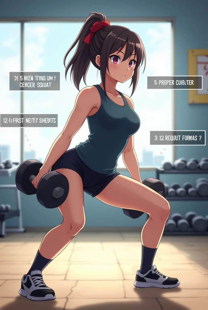 A anime girl performs a lateral squat while holding a dumbbell in a fitness studio. She has a determined expression and is dressed in a sleeveless top and shorts. Equipment, including a rack of dumbbells, is visible in the background. Text overlays provide instructions for proper squat form. The scene is bright with large windows letting in natural light from back point of view.