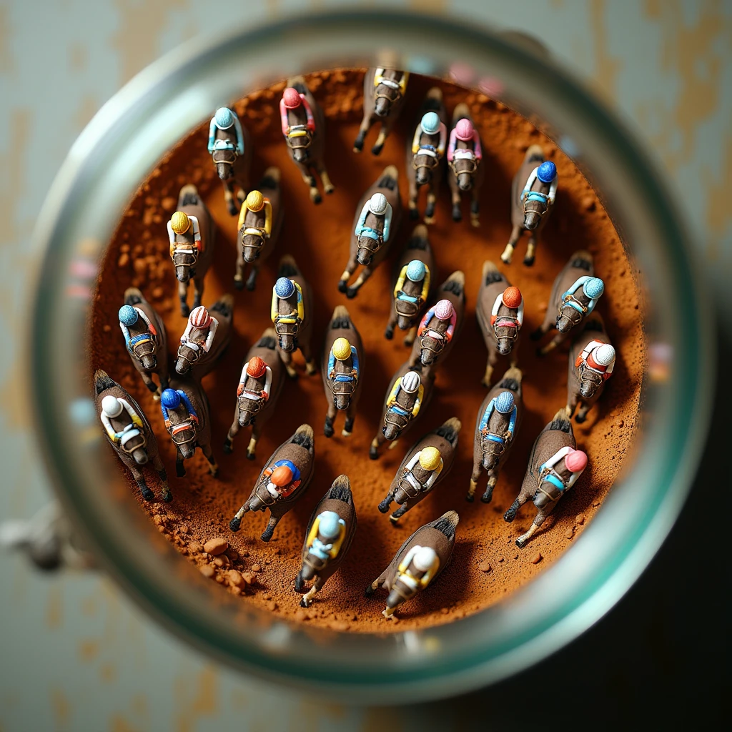 (masterpiece),(Highest quality),(Super detailed),(Ultra-high resolution),(Photorealistic:2.0),(RAW Photos:2.0),8k,wallpaper,(glass jar:1.45), masterpiece, best quality, (Top view of a microscopic 24 horses race at the hippodrome),(From above:2.0), trapped in a glass jar, (behind glass), (24 Horses and 24 jockeys racing to the finish line on clay in an oval racecourse). good lighting, photorealistic: 1.37, masterpiece, best quality, raw photo, absurd resolution, UHD, high resolution, hdr, hiperrealista, 8k