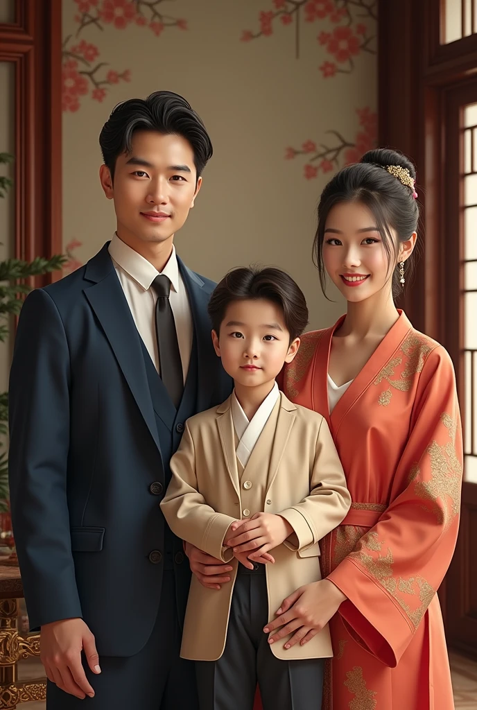 Make a picture of a rich and beautiful Korean family with 2 handsome boys 