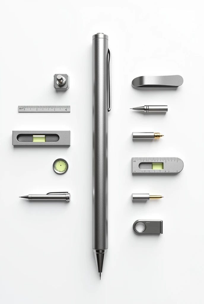 You can create a modular pencil that can have its tips changed.? Realistic and commercial-like style, around are the interchangeable tips, that the pencil includes a level, a ruler and a clip to stick it to the shirt