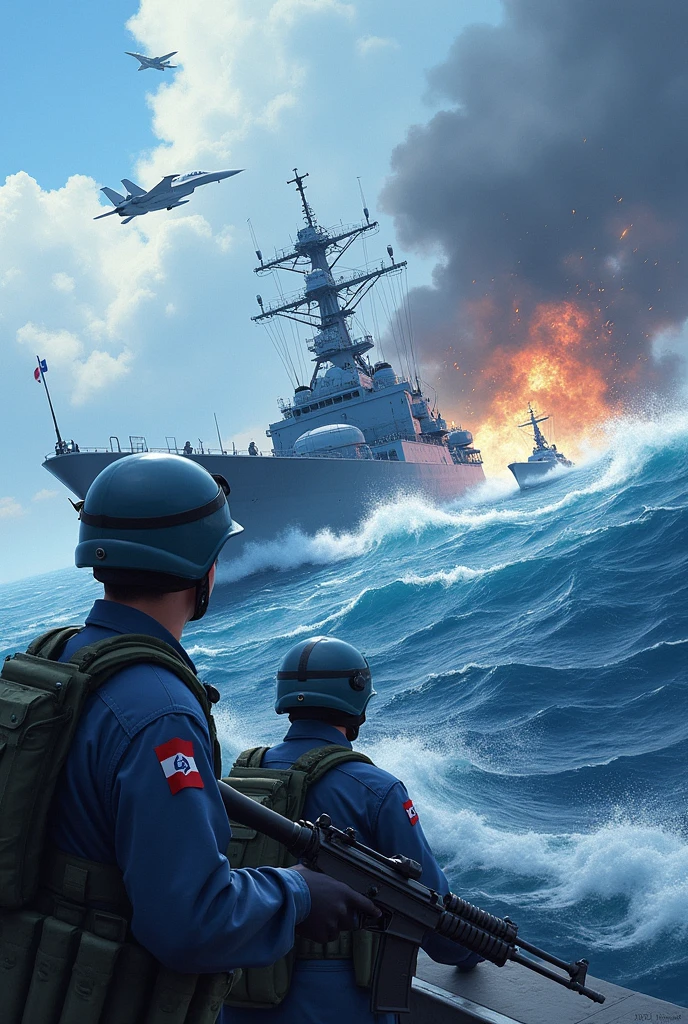 Blue task force (navy, Air Force, infantry) fighting at the sea