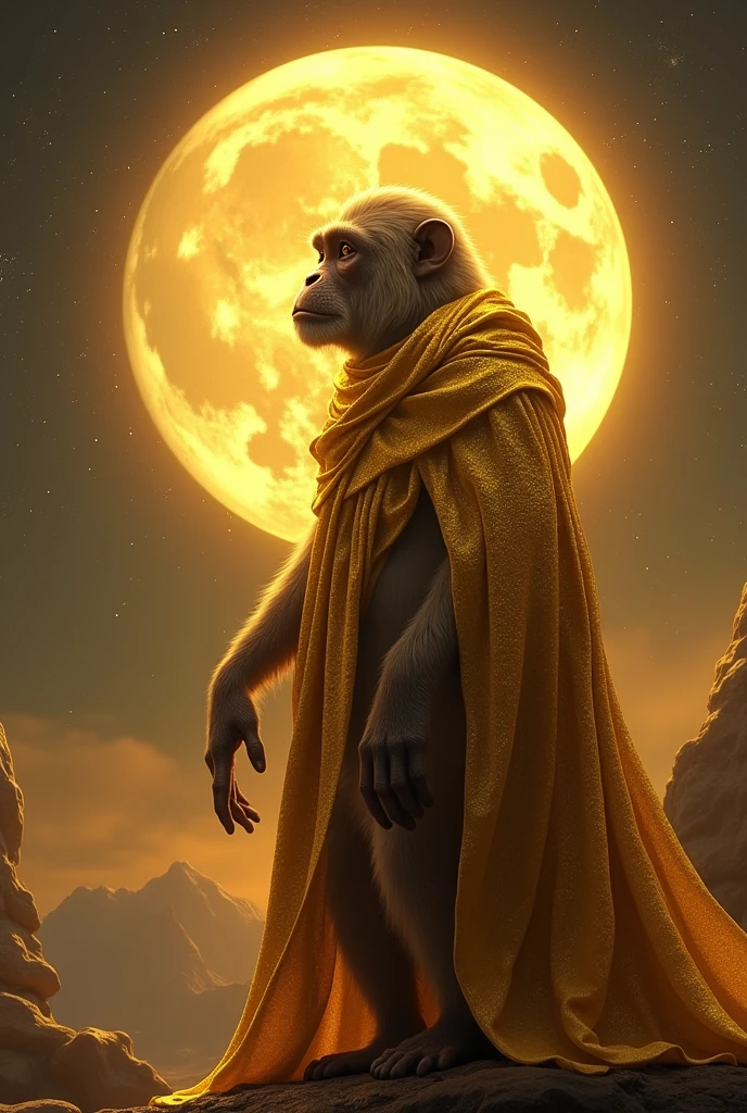 A monkey wearing golden cloak and standing besides a golden moon