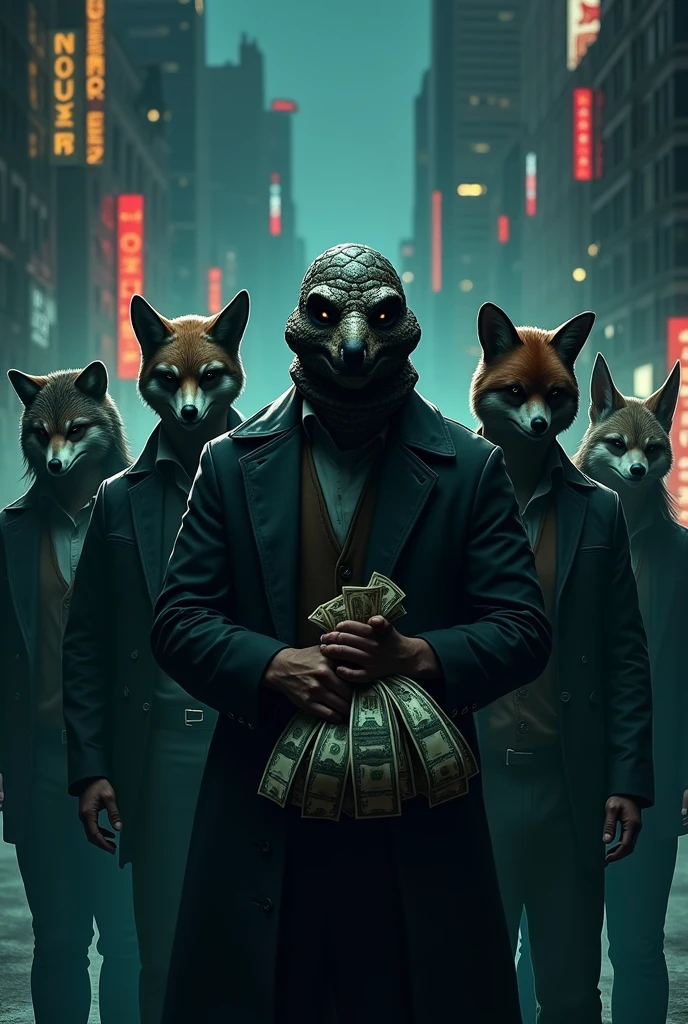 Make a band of people with masks of different animals. Put the one in the middle with a turtle mask but with bags of money. 