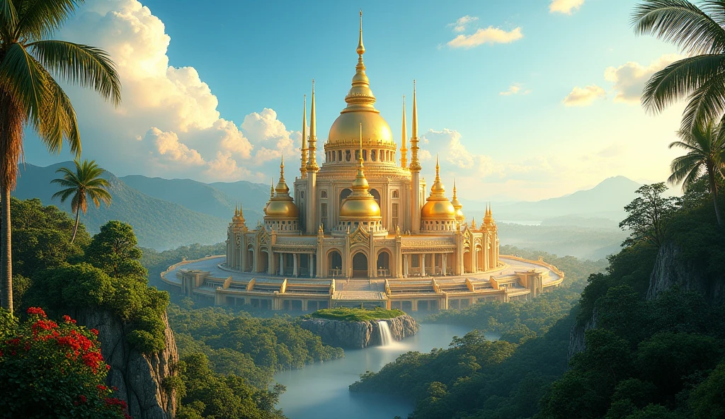 Golden city in the middle of jungle with sky view full view