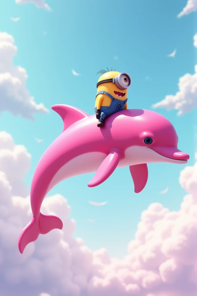 Create an image of a pink dolphin flying in the sky with a Minion on top