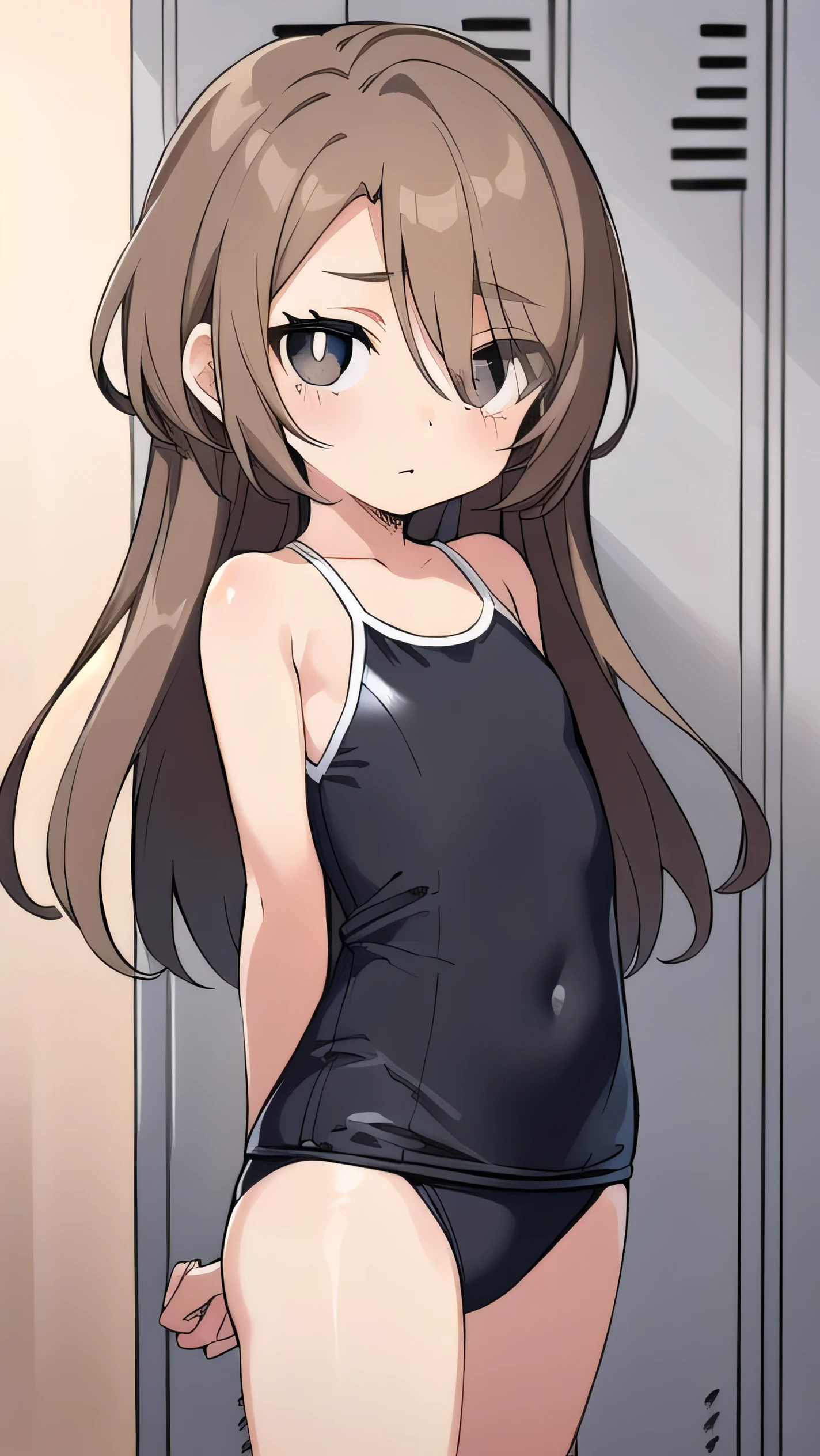 Girl, (light brown hair:1.5), (black eyes:1.1), (big eyes: 1.1), (sagging eyes: 1.5), (very long hair:1.1), hair between eyes, (flat chest:1.3), (straight hair), very short, only , droopy eyes, , (short height:1.8), young face , smooth straight hair, locker room, flat chest,curvy, school swimsuit