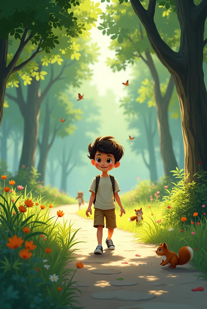 A boy walks in the park
