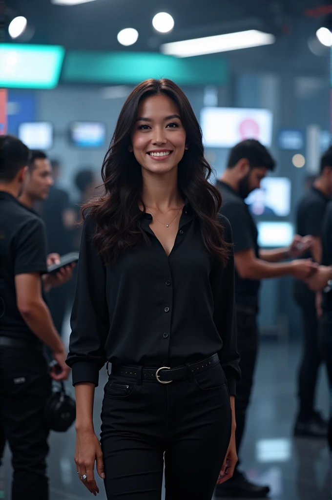Une équipe noir de télévision en background, avec les techniciens, la présentatrice, les cheveux noirs 