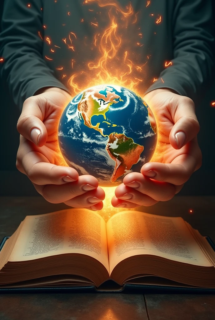 Two open hands with the palms facing upwards with a globe on top of the hands, coming out of a large open bible, as if it were germinating. Rings of fire surrounding the globe, looking like fire is entering the globe. no back ground. Very realistic and magical.
A caption underneath in bright, fiery letters written: ADMIRE