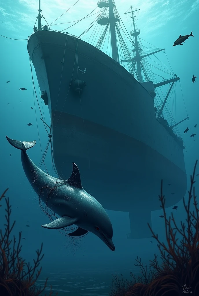 golfinho com a calda presa em uma rede de pesca industrial no mar de
enorme navio pesqueiro de peixes debaixo da agua, imagem mais clara e com mais elementos do mar