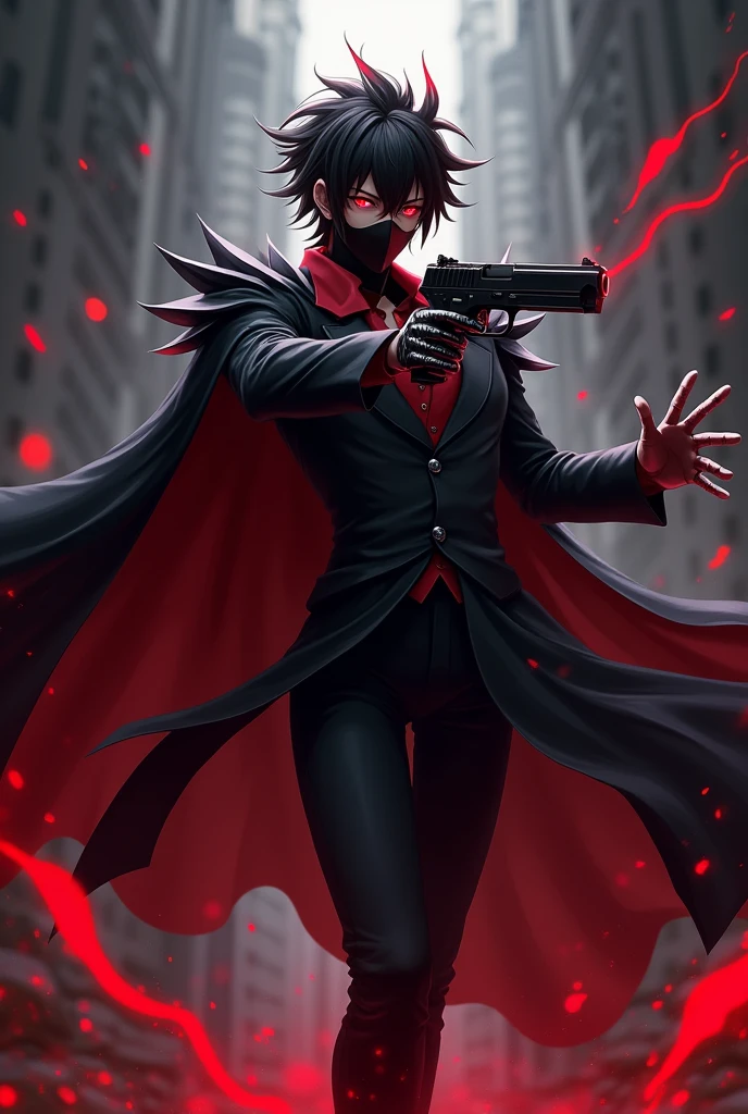 ¡
**hair**: I might have dark, messy hair, with pointed tips resembling flames or shadows, giving it a dynamic and powerful look. 2. **CLOTHES**: He would wear a long, dark tuxedo-style cape. , maybe with red details, that floats dramatically around him. The clothing could be a warrior outfit, with stylized armor on the shoulders and arms. 3. **Accessories**: I could wear a pair of gloves with shiny details, and maybe a mask that covers part of your face, adding a mysterious air. 4. **Posture**: I would be in an action pose, with arms outstretched, as if he were invoking power or controlling dark elements. 5. **bottom**: A dark background or red and black tones, that highlights the contrast with the character, giving a feeling of intensity and strength. This would give it a very exciting and visually appealing anime touch.. By the way, it&#39;s a boy with a gun in his hand.