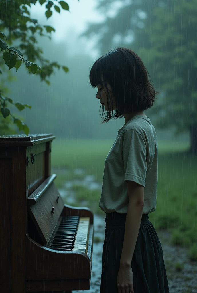 Teenager woman in a park with an abandoned piano while it rains