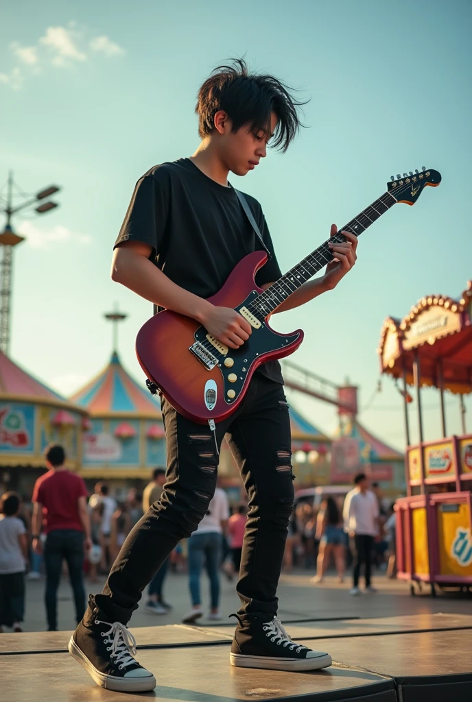 Handsome asian teenager 1, lead vocal and also playing guitar with his band on the stage. The background at daylight of carnaval playground. he is wearing T-shirt ripped black jeans pants and sneaker shoes, black messy hair, full body sight, 4k detailed photography. completing the captivating image of a talented musician lost in the moment. extremely detailed