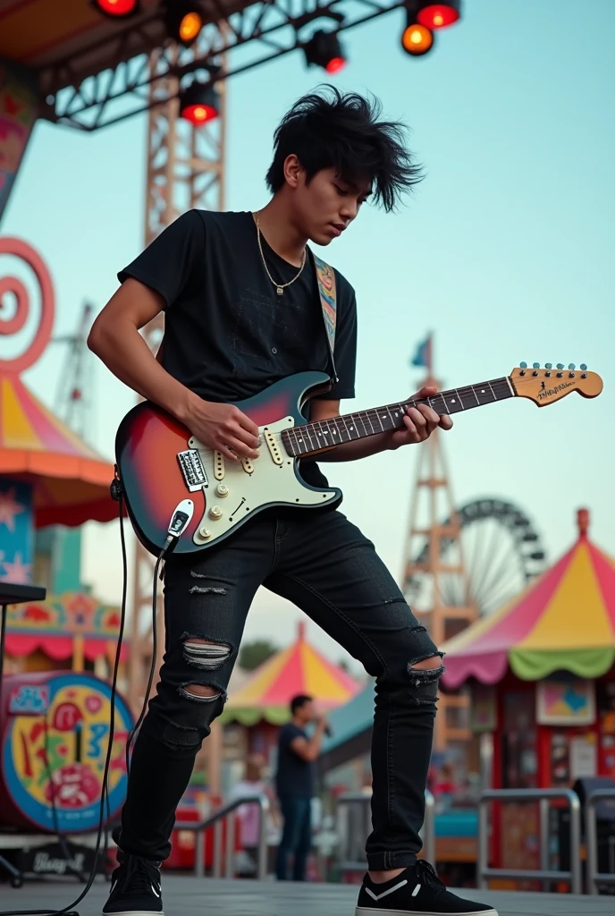 Handsome asian teenager 1, lead vocal and also playing guitar with his band on the stage. The background at daylight of carnaval playground. he is wearing T-shirt ripped black jeans pants and sneaker shoes, black messy hair, full body sight, 4k detailed photography. completing the captivating image of a talented musician lost in the moment. extremely detailed