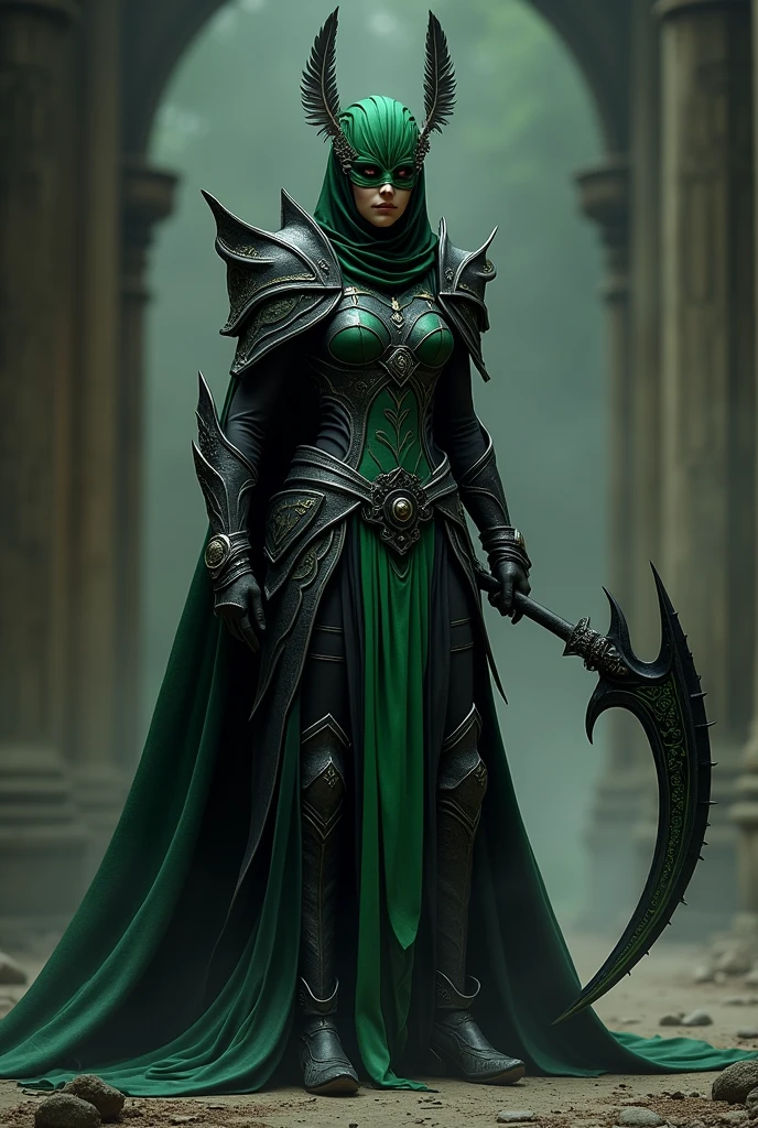 Anja negra, black and moss green armor, two feathers blindfolded the face and a scythe