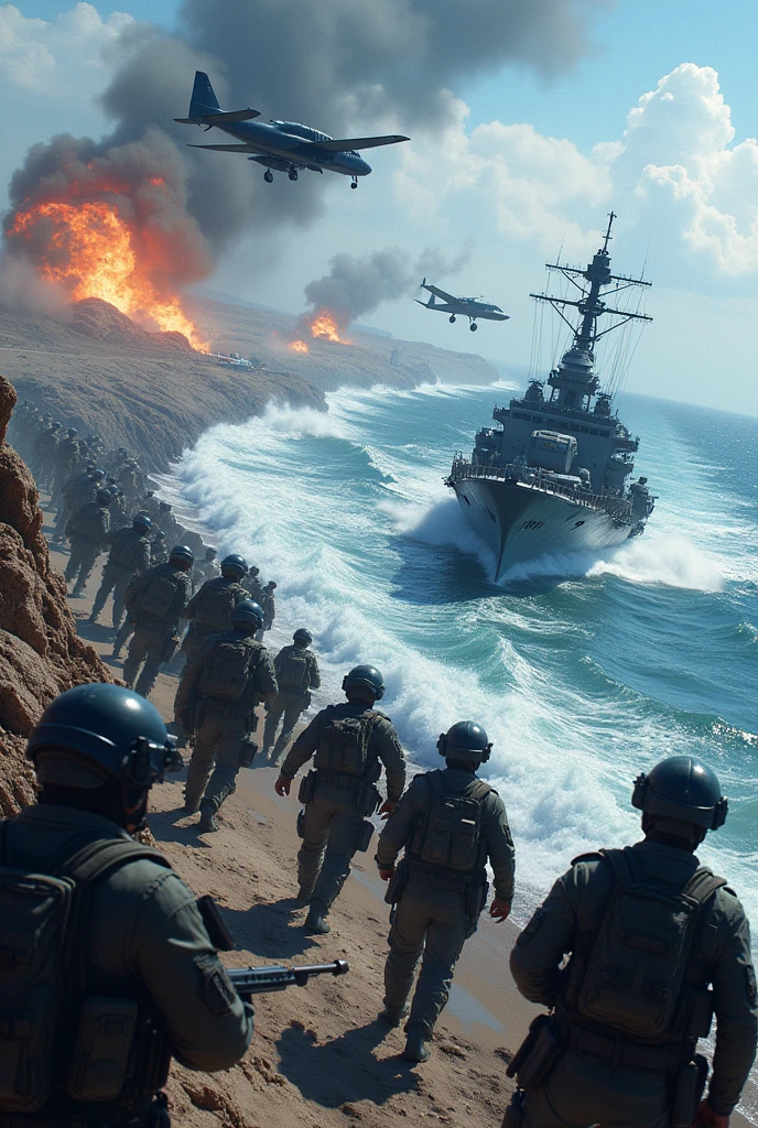 Blue task force (navy, Air Force, infantry) fighting at the sea, close to shore 