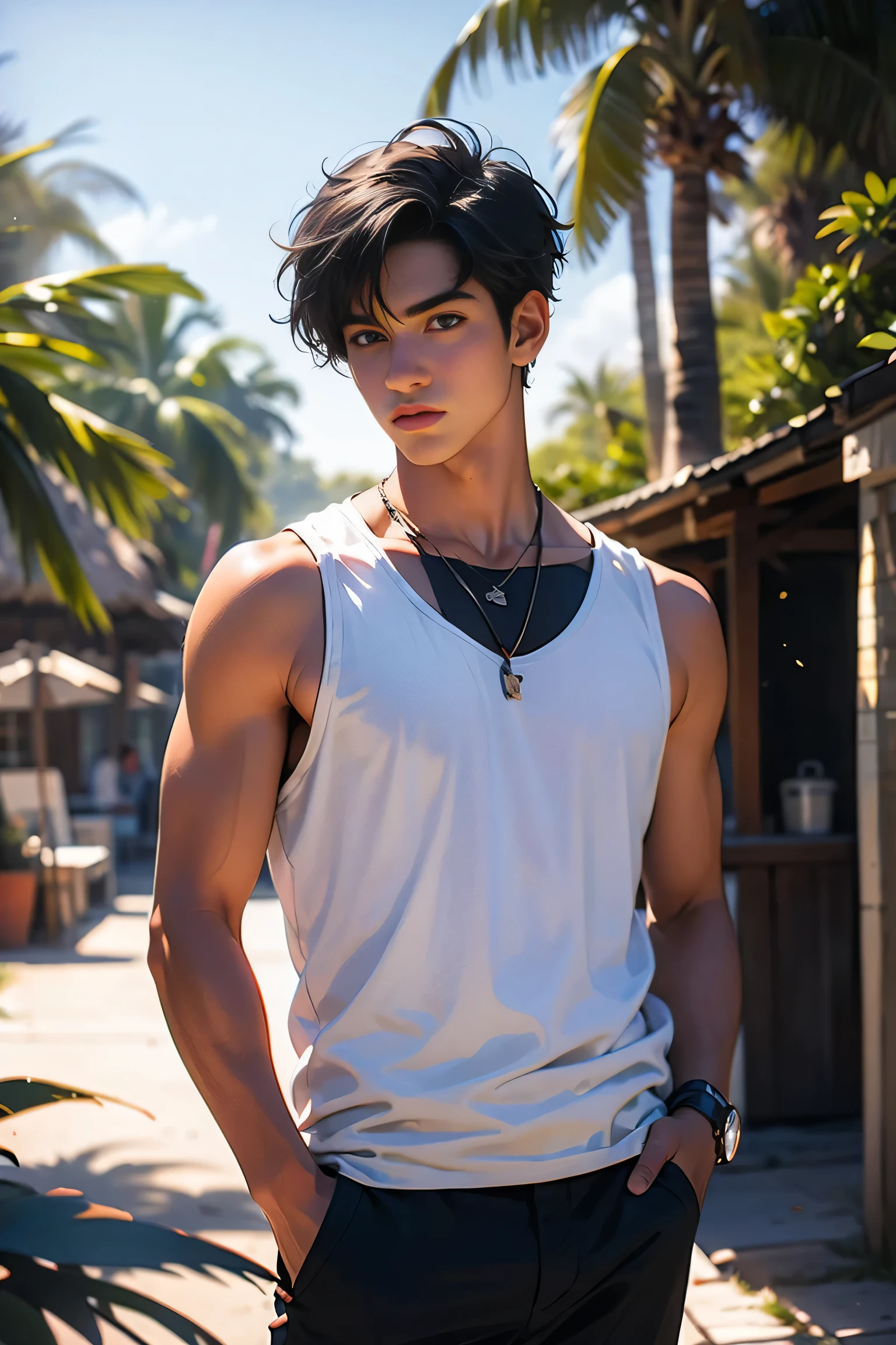 1boy, male_focus, outdoors, black_hair, solo, hands_in_pockets, tree, palm_tree, tank_top, looking_at_viewer, pants, realistic, black_pants, beach, blurry, day, shirt, blurry_background, short_hair, sky, closed_mouth, cloud, white_shirt, sleeveless, white_tank_top