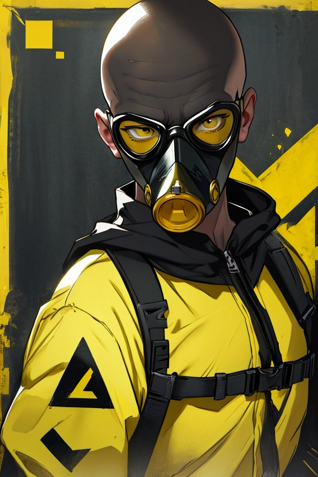 BALD MAN THIN STRONG GLASSES with black frame YELLOW hero, DARK glue , YELLOW TRIANGLE on the chest, ARTPOP gas mask