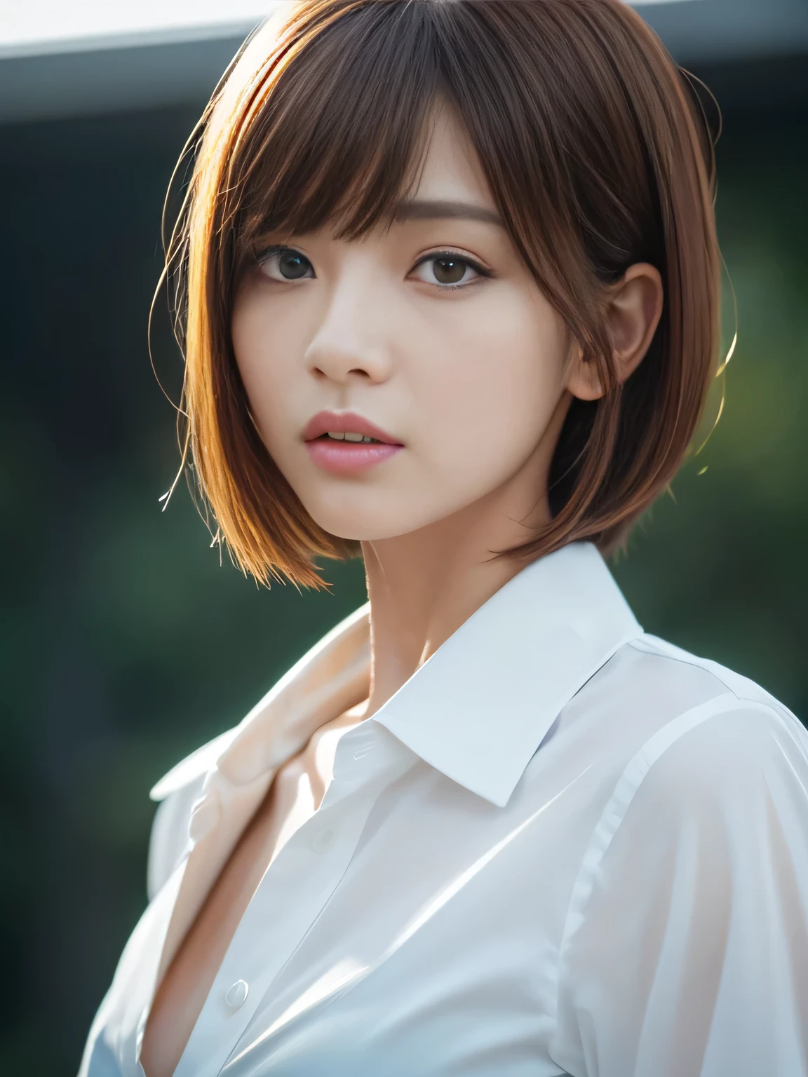 (Detailed skin), (Shiny skin), 8k, Highest quality, masterpiece, Ultra-high resolution, (Realistic:1.4), RAW Photos, (Soft saturation), Mixed-race Japanese women, Red hair, asymmetrical bangs, (Pretty face:1.4), (cinematic lighting:1.3), (Highly detailed face, Highly detailed lips, fine grain, double eyelid, Highly detailed and evenly balanced eyes), (Sharp focus:1.2), ((Full Body Shot)), (Perfect Anatomy:1.3), (Beautiful woman with perfect figure:1.2), (white shirt with collar), (Random poses:1.2),
