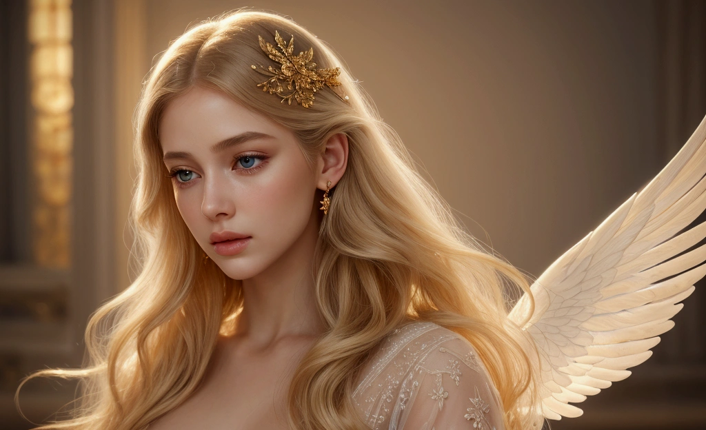 a beautiful angelic woman, delicate facial features, piercing eyes, long eyelashes, full pouty lips, flowing golden hair, ethereal glowing skin, ornate golden halo, elegant white flowing gown, serene heavenly expression, divine radiant light, photorealistic, 8k, HDR, highly detailed, intricate details, cinematic composition, dramatic lighting, warm color tones, atmospheric, conceptual, fantasy