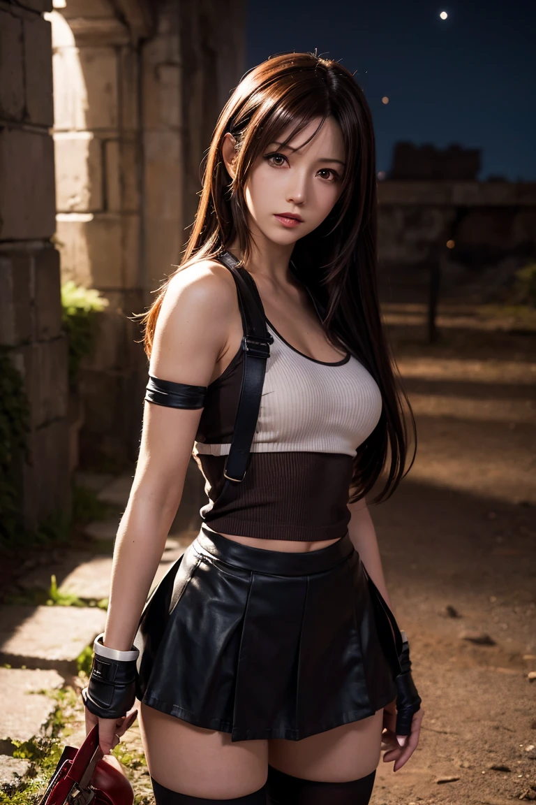 Tifa Lockhart, wallpaper, landscape, Depth of written boundary, night, Particles of light, light, Side lighting, Thighs, skirt, Red eyes, Brown Hair, Thigh-high socks, Arm Sleeves
