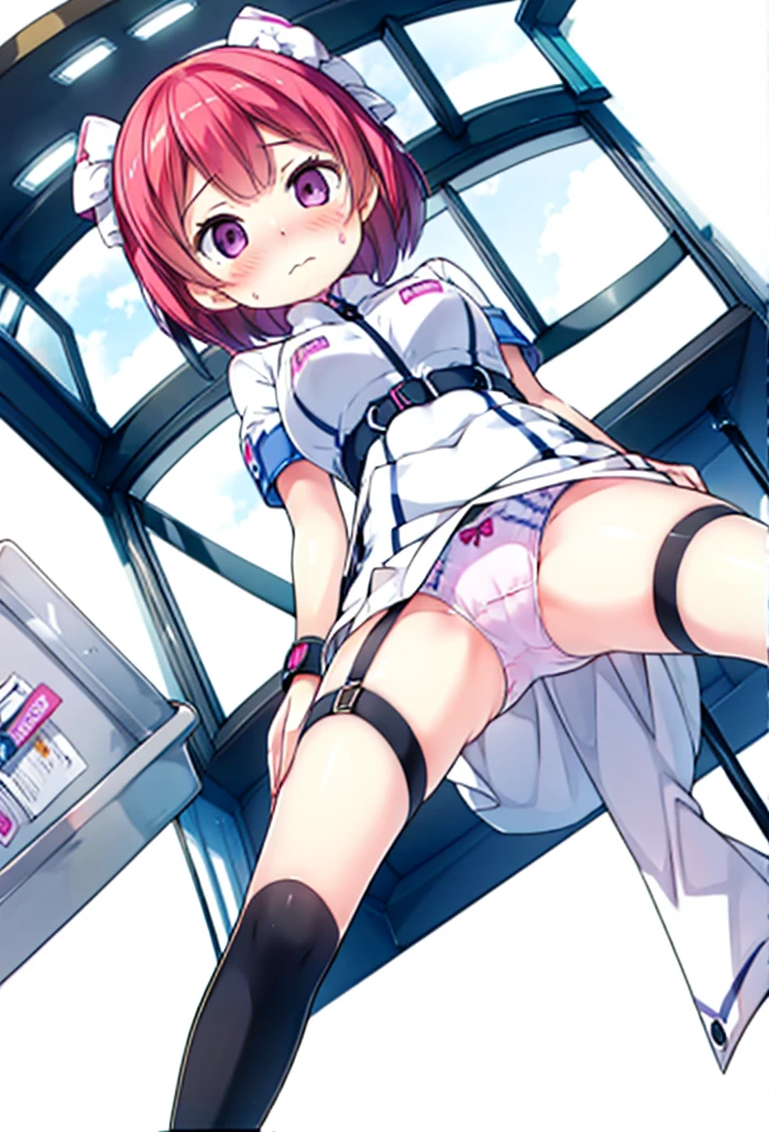 (highest quallity), (work of art), 1080P, high resolution, 4K, 8k, thigh straps, Shooting directly from below, The woman on top of me, niplles, 白いsweat, addressed , sweat, Woman looking down, uniforme de estudante, thigh high socks, breasts small, all-body, Pink short hair, Inner Color, embarrassed face, bracelet, class room ,corpo celestial_ (((panties being lowered to the knee))), ((detailed pussy))