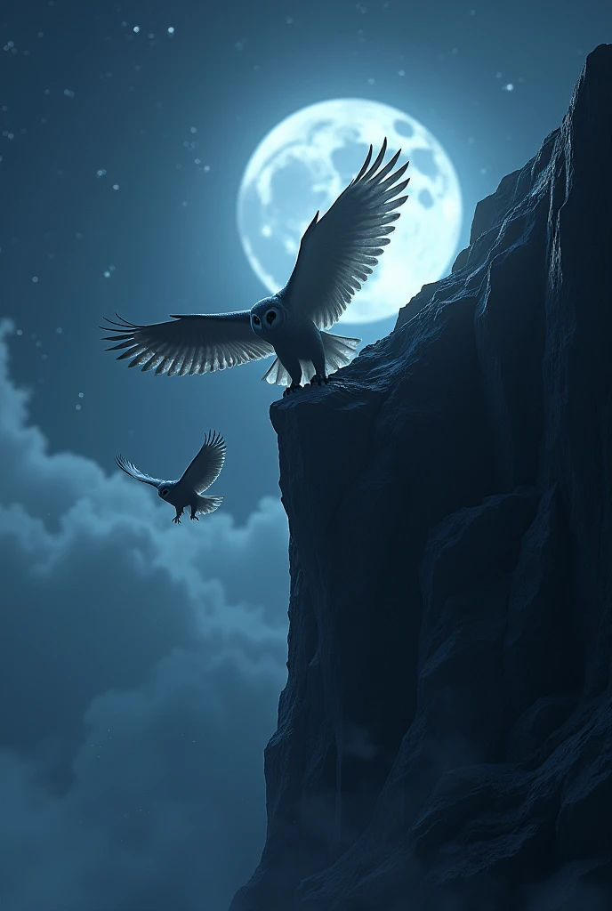 Owls under the moon climbing a newly graduated cliff 