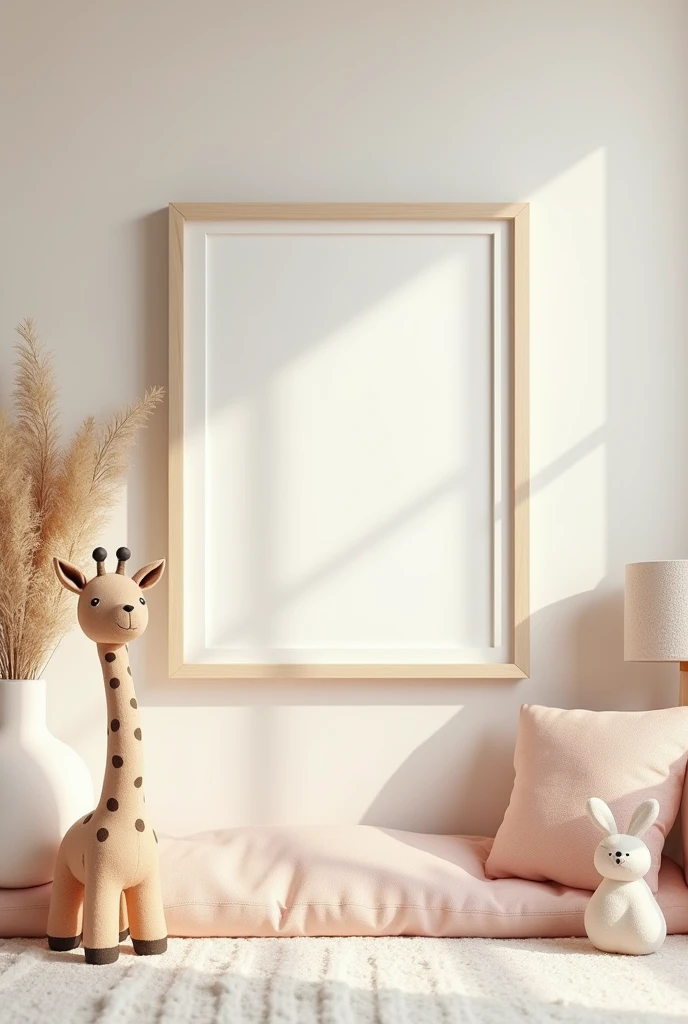 ??? room with minimalist modern 1-2 toys(geraph, bear, bunny) in pastel colors and a blank frame hanged on a wall