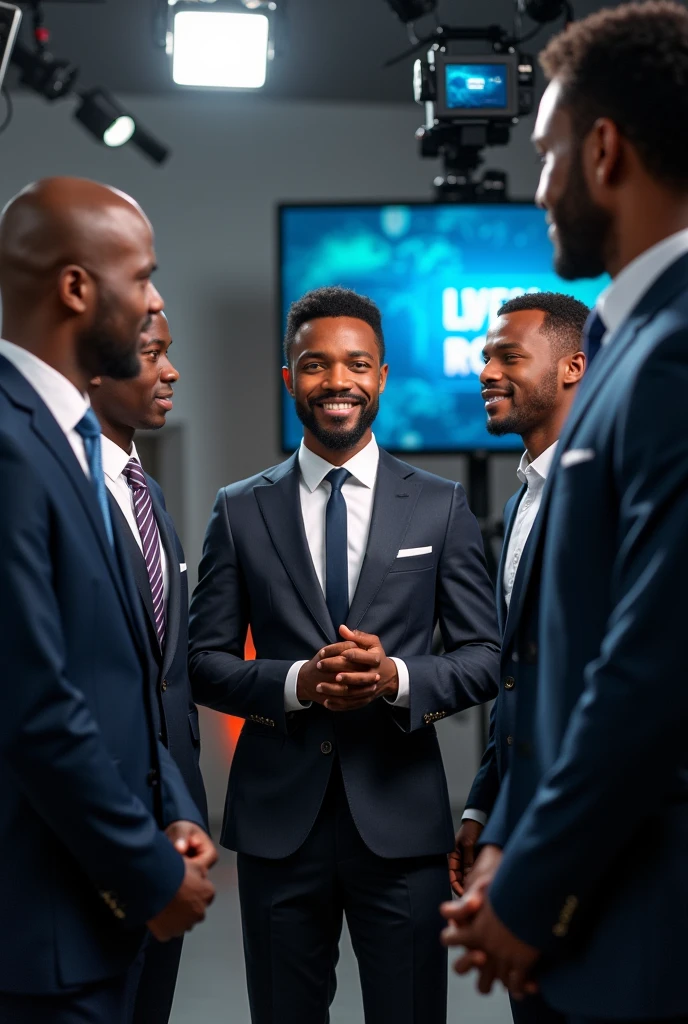 Une équipe noir de télévision en background, avec les techniciens, la présentatrice, les cheveux noirs. L'équipe doit être africaine de couleur noir