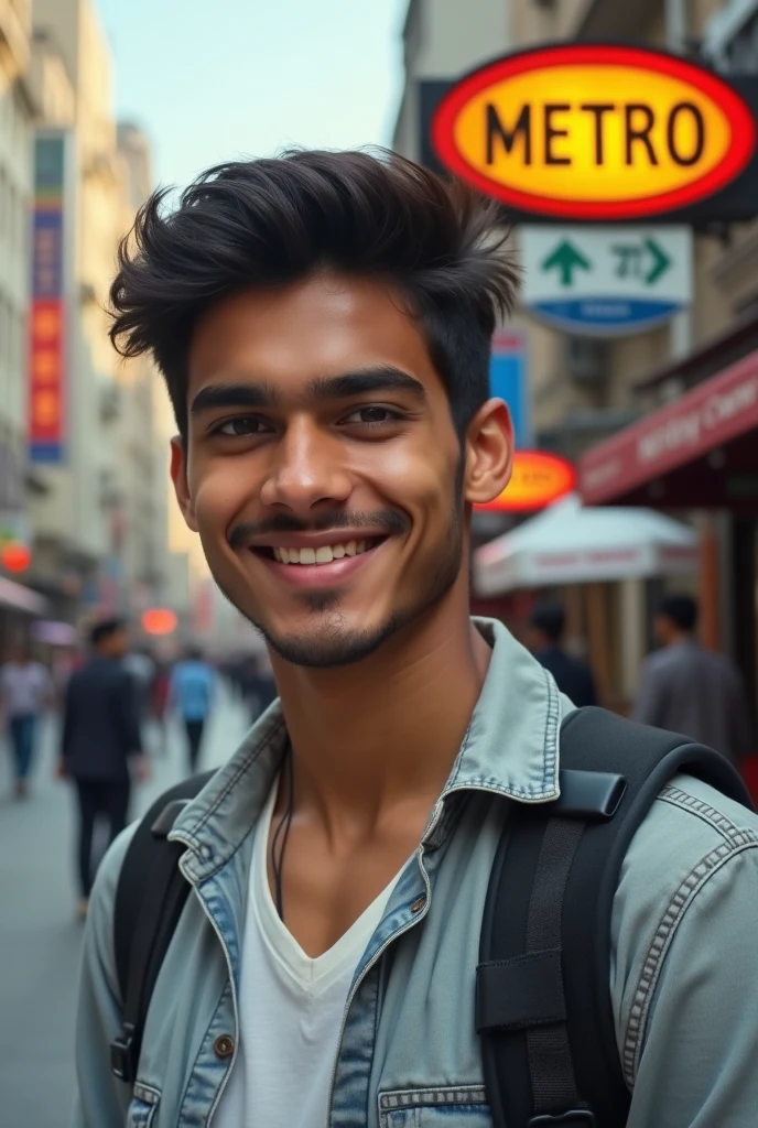  Indian boy handsome wearing normal dress posing for name Nadeem metro in background