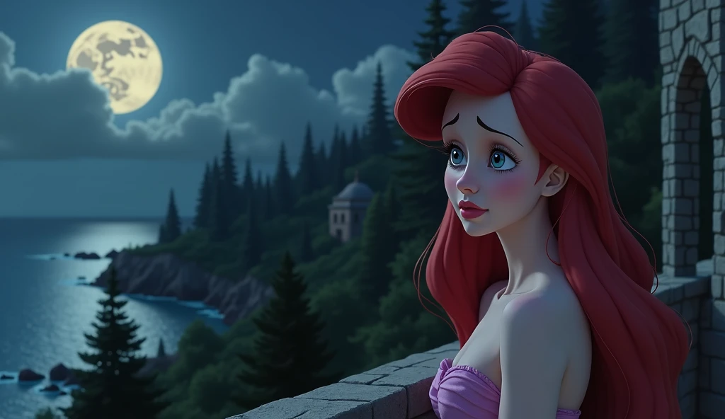 ariel, he has a sad look, super realistic female human face, she wears a simple pink dress, she is on the castle balcony, It's night and the moon is full, trees on the horizon, sea not horizon, super feminine and realistic roast, super defined facial features, canon camera image