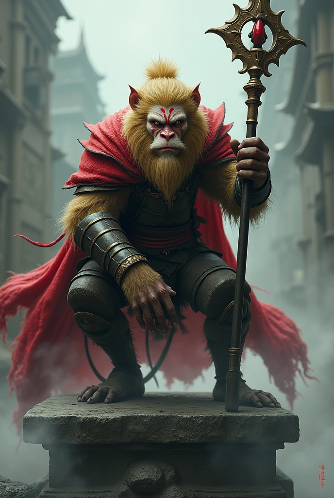 Chinese mythology character, Black myth Wukong, resembling monkey, human like face, money beard, The warrior is crouching on a pedestal, holding a long, ornate staff in one hand. He has fur-covered body, with a mane of wild, golden hair and a fierce, determined expression. His face is painted with tribal markings, and he wears a mix of armor and tattered cloth, with a red cape billowing behind him. The background is misty and atmospheric, with clouds and smoke swirling around, giving the scene a mystical, otherworldly feel. The color palette should include dark and muted tones, with striking red accents