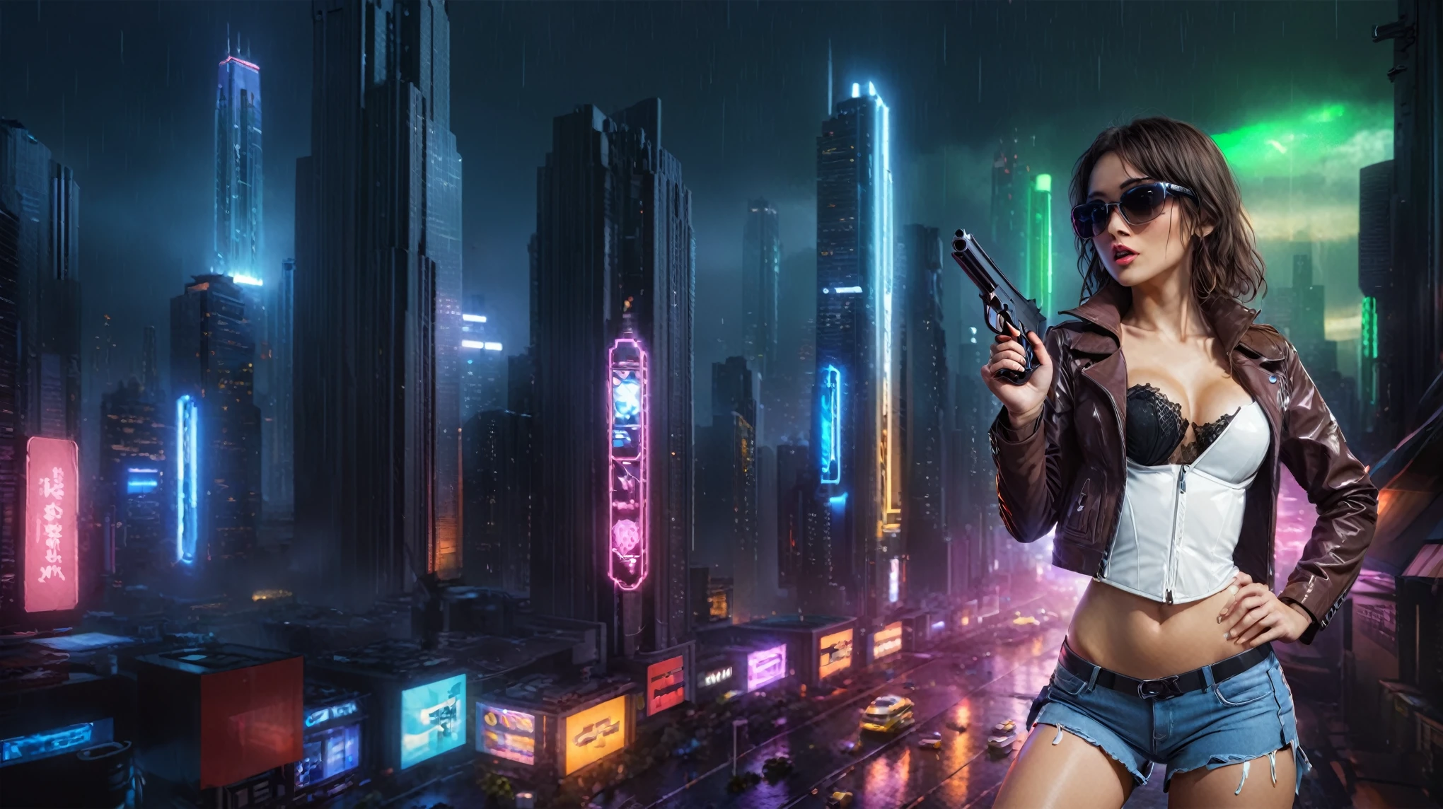 (low angle view), Blade Runner style futuristic city, flying cars, neon lights, rainy night. (1girl, solo, alone), large-breast:1.2 slim body, slim face, cleavage:1.1, sexy laced lingerie, very low angle view miniskirt, jacket, (black micro sunglasses), (holding a short gun), running pose, half-body thigh level medium shot, cinematic lighting, ray tracing.